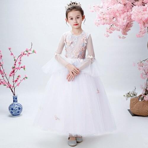 New White Lace Girl Dress Beading Sash Ball Gowns Appliques Flower Girls Princess Elegant Wedding Pageant Holy Communion Clothes