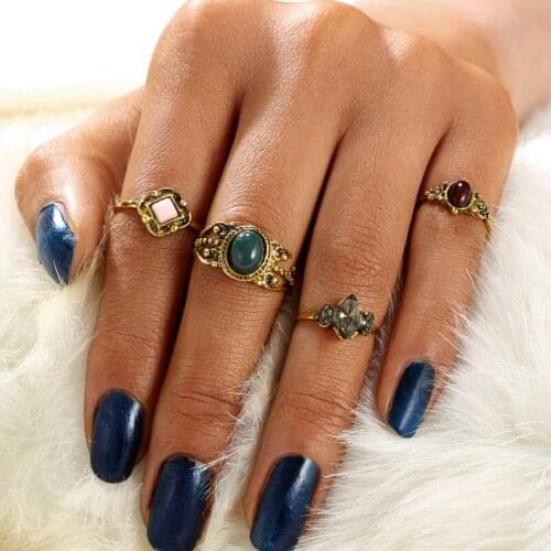 Bohemian Ethnic Finger Ring Sets For Women Geometric Crystal Middle Finger Rings Green Stone Retro Gold Color Statement Jewelry