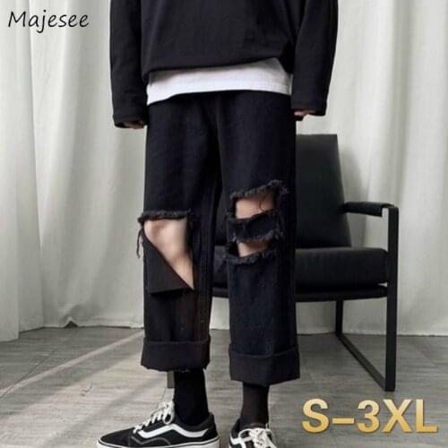 Men Jeans Holes Ankle-length Tassel Solid Summer Denim Trousers Chic Mens Harajuku Hip-hop Plus Size 3XL Loose Retro All-match