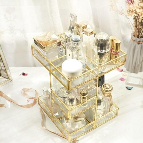 European Rotary Cosmetics Storage Box Glass Transparent Retro Desktop Skincare Finishing Box Dormitory Shelf Gift