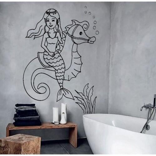 Art Mermaid Seahorse Sea Wall Sticker Vinyl Decals Washroom Bathroom Decor Mural Waterproof 3d Posters Kids Room Decal LC160