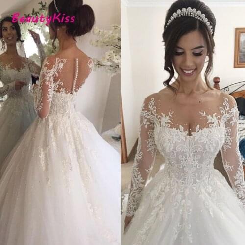 Lace Wedding Dresses for Women Elegant Beaded Long Sleeves Wedding Bridal Gowns Plus Size Vestidos De Noiva 2020