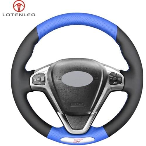 LQTENLEO Black Blue Genuine Leather DIY Hand-stitched Car Steering Wheel Cover For Ford Fiesta ST 2013 2014 2015 2016 2017 2018
