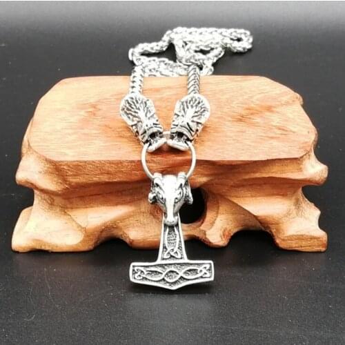 Antique Silver Wolf Head With Goat Rune Pendant Viking Totem Talisman Mens Necklace