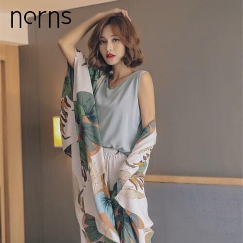 Norns 4 Piece Spring Summer Women Pajamas Sets Floral Printed Viscose Robe Top and Shorts Female Sleepwear Night Suit