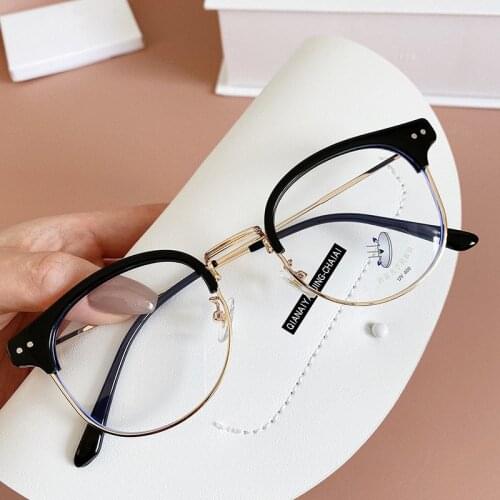 Vintage Half Frame TR90 Anti-blue Light Clear Glasses Frame For Women Alloy Elegant Rivet Round Computer Eyeglasses Men Eyewear