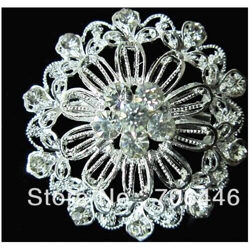 Silver Plated Clear Rhinestone Crystal Diamante Flower Pin Brooch for wedding Invitation