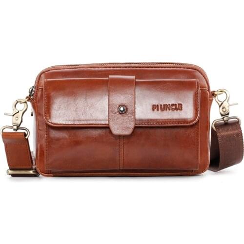 New Genuine Leather Men Casual Snap Waist Belt Bag Chest Pack Sling Bag Design Multi-layer Phone Cigarette Case Pouch Male