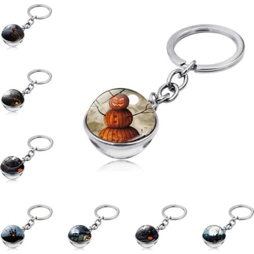 Happy Halloween Keychain Jewelry with Silver Color Double Side Glass Ball Pumpkin Witch Car Keychain Ring for Unisex Gift