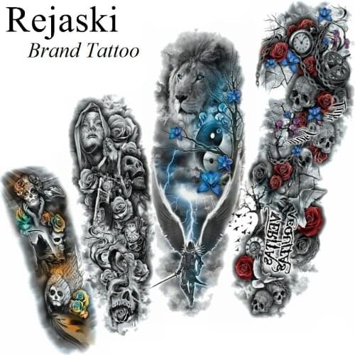 Blue Flower Big Tiger Temporary Tattoo Men Mask Nun Wing Warrior Lion Full Arm Tattoo Stickers Locomotive Women Tatoos Body Art