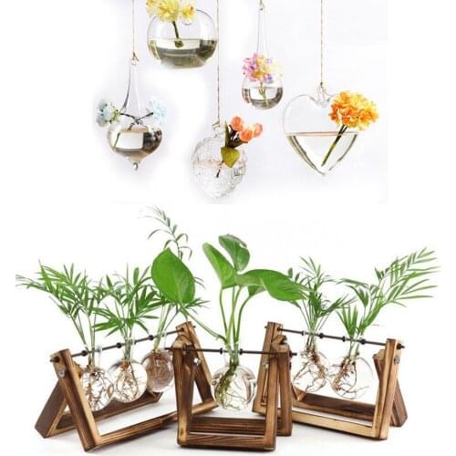 Wooden Stand Glass Flower Vase Hydroponic Terrarium Container Tabletop Decor Vases Flower Vase Home Decoration for Wedding