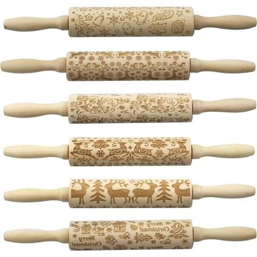 Spot Christmas Elk Printing Rolling Pin Wooden Laser Engraving Embossed Rolling Pin Cookie Dough Stick