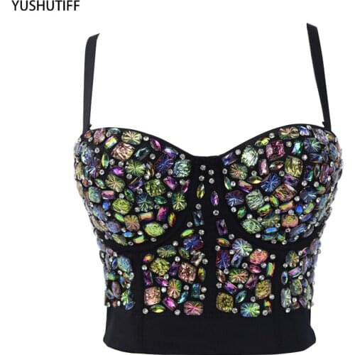 Tank Tops Push Up Bralette Colorful Acrylic Short Nightclub Party Sexy Top With Built In Bra Female Crop Top Women Camis Tops
