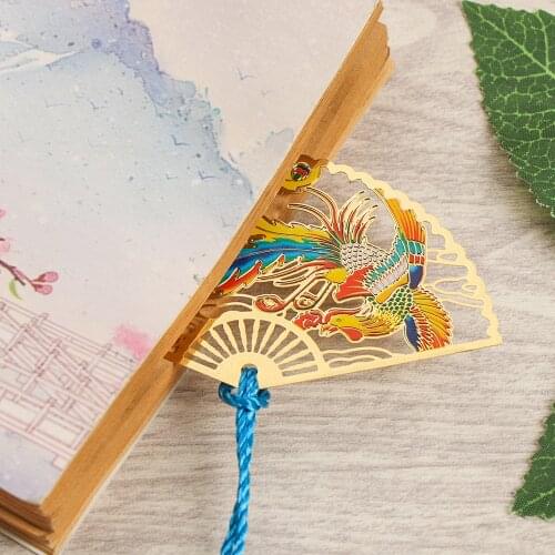 Retro Chinese Style Brass Peacock Bookmark Group Fan Book Clip Pagination Mark Metal Tassel Study Home Ornaments