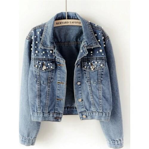 New 2020 Plus Size Pearl Beaded Short Denim Jacket 5Xl Womens Long Sleeve Retro Casual Denim Jacket Bomber Denim Jacket