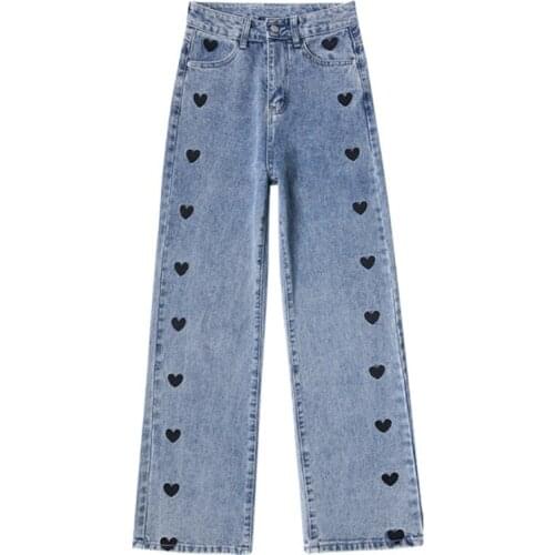Women Jeans 2021 Spring Heart Embroidery Streetwear High Waist Wide Leg Long Pants Vintage Casual Baggy Straight Denim Trouser