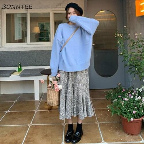 Women Sets Spring Autumn Loose Casual Blue Pullover Casual Knitted Sweater Sling Dress Strap Floral 2piece Preppy Style Korean