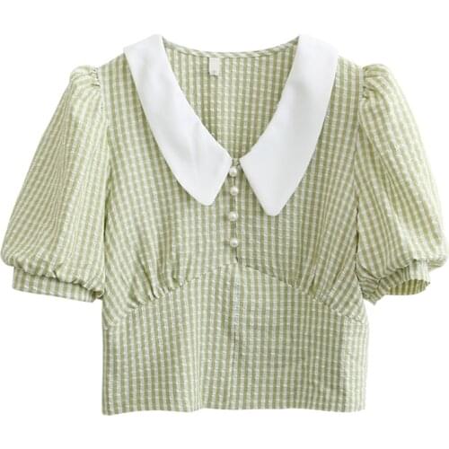 PERHAPS U Women Top Summer Short Sleeve Turn Down Collar Yellow Green Blue Plaid Button B0650