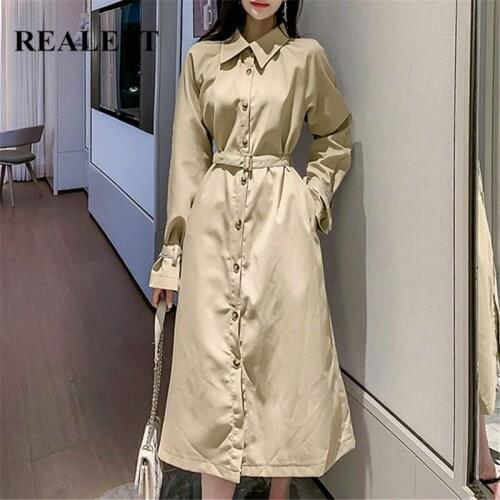 REALEFT Autumn Winter 2021 New Women Shirts Dresses with Belted High Waist Long Sleeve Single Breasted Midi Dress Pockets Female