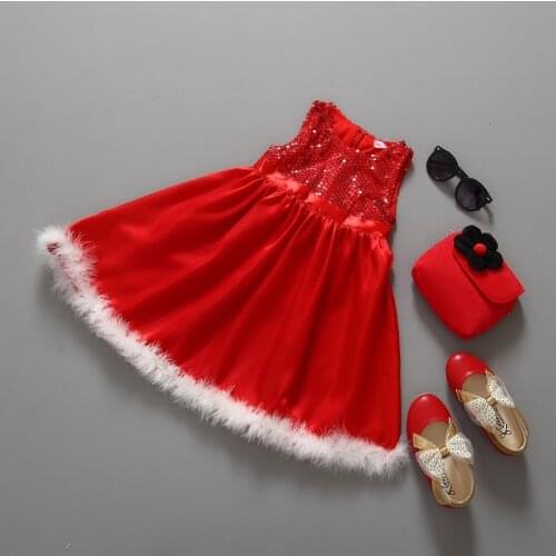 2018 Christmas Girls Dresses Sleeveless Dress Outfits Red X'mas Girl Clothes Bling Sequins dress for girls Jumpers Outfits