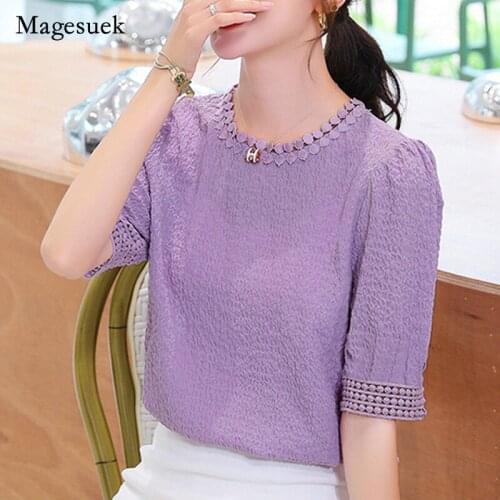 2021 Summer Pleated Apricot Purple Tops Blusas Mujer Short Sleeve Chiffon Shirt Women Casual O Neck Plus Size Women Blouse 10205