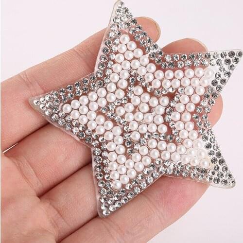 5Pcs 7cm Hotfix Pearl Rhinestones Applique Star Iron On Patches Clothes Crystal Strass Motifs For Clothing Headdress Decoration