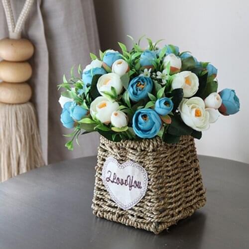 Artificial flowers roses bud Bonsai set artificial Silk flower Ceramic Weave basket vases home wedding decoration accessories