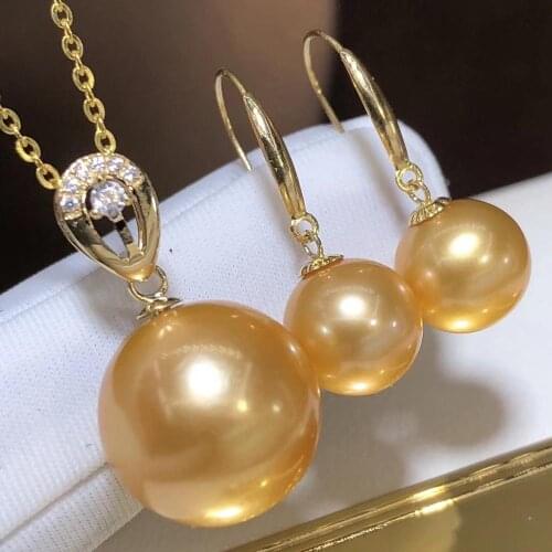 D401 Pearl Set Fine Jewelry Solid 18K Gold Natural Round Fresh Water Edison Golden Pearls Pendants Necklaces for Women