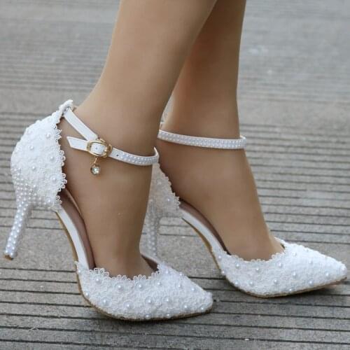 White pearl lace wedding shoes word wrist shoes stiletto pointed high-heeled wedding shoes womens sandals large size