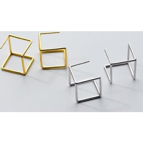 Fashion 100% Real. 925 Sterling Silver Fine Jewelry Geometric Hollow 3D Square Stud earrings GTLE1735
