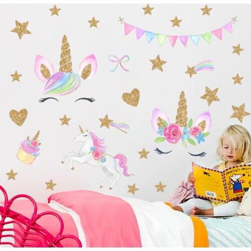 Cartoon Unicorn Horse Flower Flag Star Heart Shape Pattern Wall Sticker Decal For Kids Room Home Decoration Diy Animal Mural Art