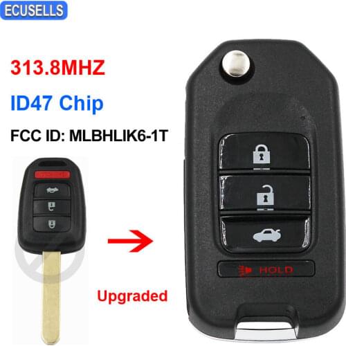 Upgraded 4 Button Flip Remote Car Key 3+1 Button 313.8MHz ID47 Chip for Honda CRV 2014-2016 / HRV 2016-2017 FCC ID: MLBHLIK6-1T