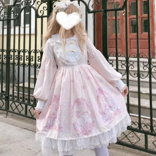 Harajuku Lolita Dress Cosplay Original Lolita Cat Daily Soft Sister Japanese Cute Lantern Long Sleeve Op Dress Autumn Winter