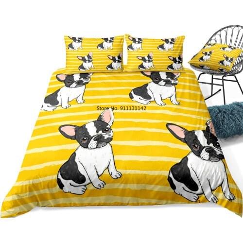 Yellow Striped Bedding Bulldog Duvet Cover Set Cartoon Dog Bedspread Yellow Quilt Cover Dropship Boys Girls Comforter Cover
