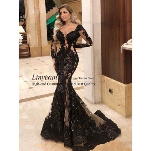 Sexy Black Mermaid Prom Dresses With Appliques Lace Full Sleeve Scoop Neck Long Formal Evening Party Gowns robes de soirée