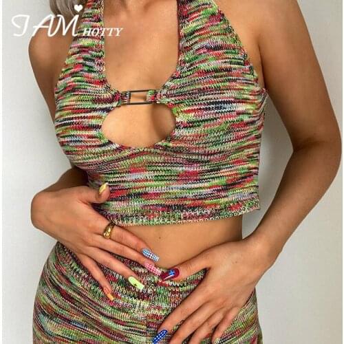 Metal Button Patches Cut Out Sexy Knitted Camis Women Colorful Sexy Backless Bandage Halter Corset Crop Top Summer Vest Iamhotty