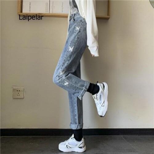 Spring and Autumn 2021 New Korean Style Butterfly Embroidery Loose Versatile High Waist Straight Jeans