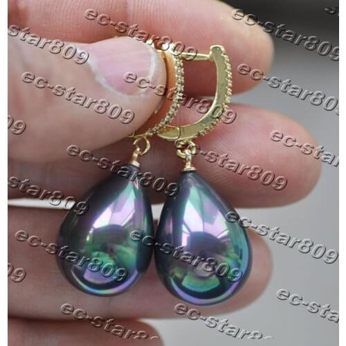 Z11183 20mm Peacock-Black Teardrop South Sea Shell Pearl Dangle Earring CZ Women Fashion Jewelry