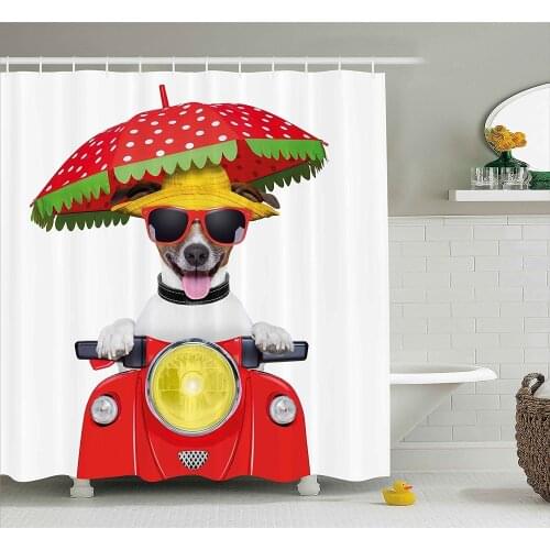 Animal Shower Curtain Dog with a Hat and Sunglasses Driving Motorcycle Under an Umbrella Funny Holiday Bathroom Decor Curtains