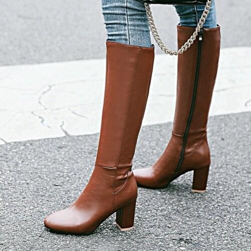 AIWEIYi Women Boots Black Brown Square High Heels Knee High Boots Side Zipper Autumn Winter Ladies Motorcycle Boots Snow Boots