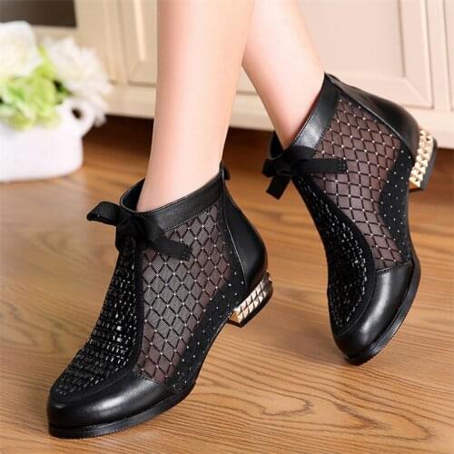 Summer New Cool Mesh Boots Fashion Rhinestone Bow Mesh Women Boots Leather Womens Shoes Hollow Fishmouth Boots Plus Size 35-44