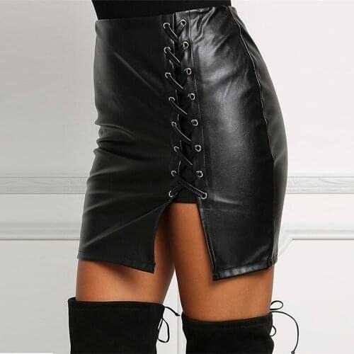 Women Side Split Pencil Skirts Black Lace Up PU Leather Skirts Vintage Bodycon High Waist Mini Skirt
