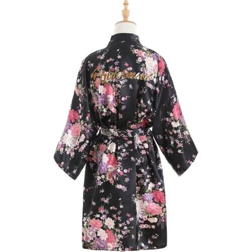 Womens Floral Bride Black Cherry Gold Word Bridesmaids Robe Satin Wedding Kimono Bridal Dressing Gown Sleepwear One Size