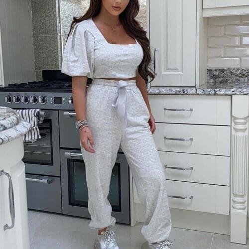 Women Panst Set Solid Short Puff Sleeve Ladies Tracksuits Square Collar Crop Tops And Trousers Summer Fashion Casual Sportswear