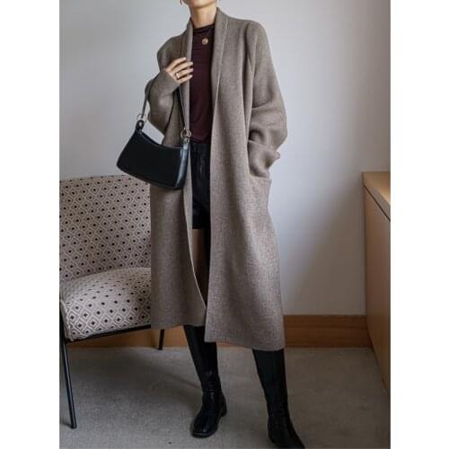 [ZAYAU]Womens Self-made Lazy Wind Loose Knitted Sweater Cardigan Nightgown Lace Up Alpaca Coat Medium Long Thick2021