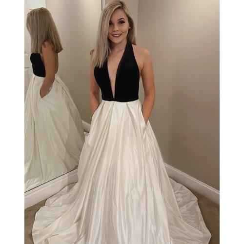 New Chic Sexy Deep V Neck Black Evening Dress Halter Backless Sweep Train Satin Pleated Customize Prom Formal Gowns With Pocket