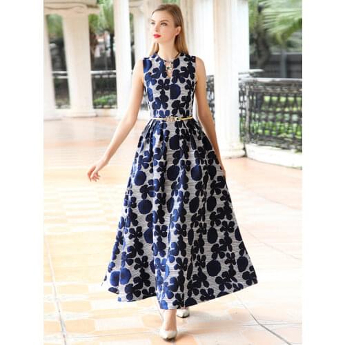 New arrival high quality summer women dress Elegant floral Jacquard sleeveless Dress V-neck Vest Long maxi Dress Vestidos