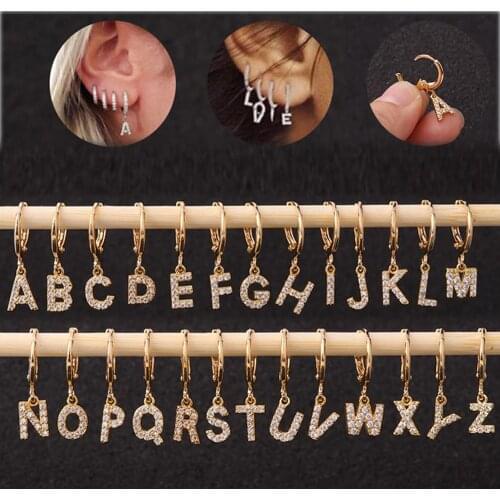 1 Pc Letter Pendant Earrings C-Z 26 Alphabet Initial Charm Dangle Drop Earring Girls Round Hoop Zirconia Earrings