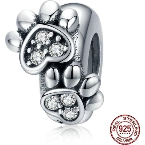100% 925 sterling silver pet footprint beads fit Pandora original charm bracelet silicone bead jewelry making gift