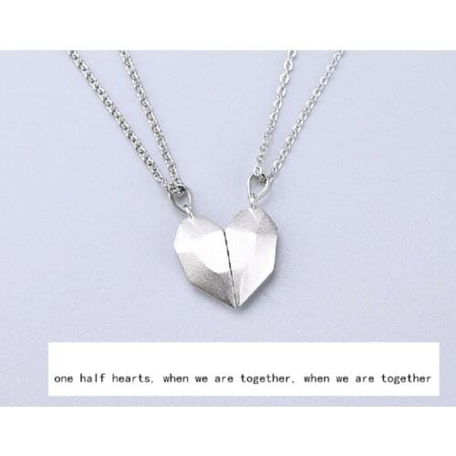 2Pcs Minimalist Lovers Matching Friendship Heart Pendant Couple Magnetic Distance Faceted Heart Pendant Necklace Jewelry